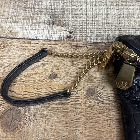 Henri Bendel Debutante Clutch Wristlet Black Crocodile Gold Chain Purple Lining